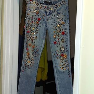 STUNNING STUDDED DOLCE GABBANA  DENIM PANTS FLOWERS HEARTS JEWELED Jeans SZ 36